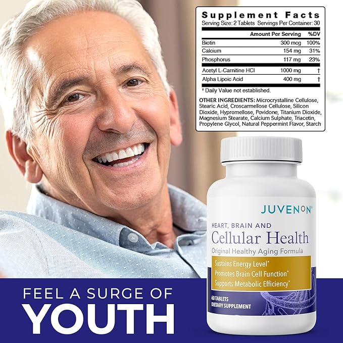 Juvenon Cellular Health | Heart Brain Supplement with Acetyl L-Carnitine and Biotin - Supports NAD+ Function Energy Production Mood Revitalized Metabolism Mental Focus &amp Clarity (60 Tablets)