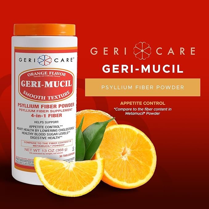 GeriCare Geri-Mucil Psyllium| 4-In-1 Orange-Flavor Psyllium Husk Powder| Daily Fiber Supplement| Sweetened Gluten-Free Fiber Drink Mix| Water-Soluble Husk Fiber Powder For Bowel Movement|13oz (2 Pack)