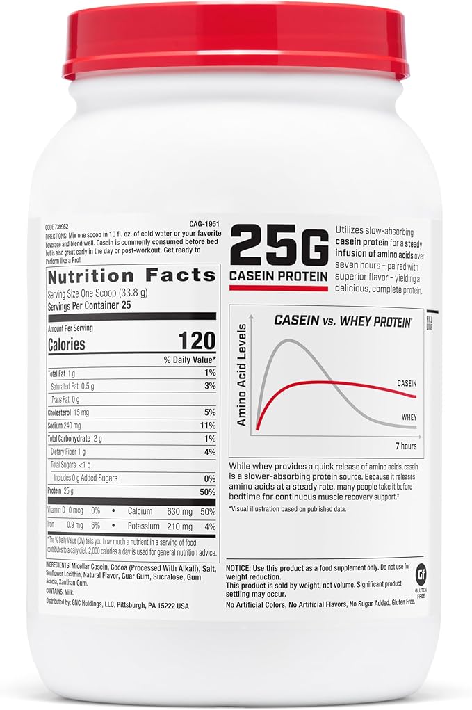 GNC Pro Performance 100% Casein Protein Powder 25g Protein Supports Sustained Muscle Strength Recovery Slow Digesting Gluten Free 3rd Party Tested Chocolate Supreme 28 Servings