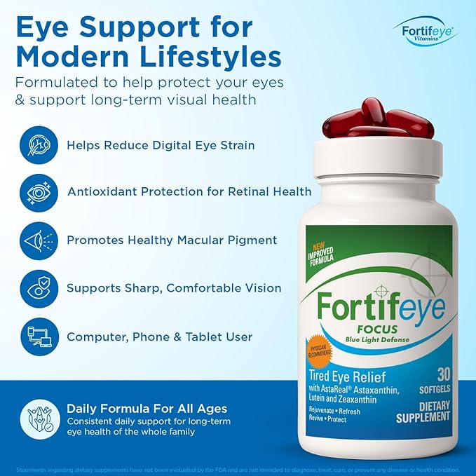 Fortifeye Focus Eye Care Supplement 90 Softgel Capsules - Triple Carotenoid Including Astaxanthin Lutein and Zeaxanthin Supplements Eye Vitamins