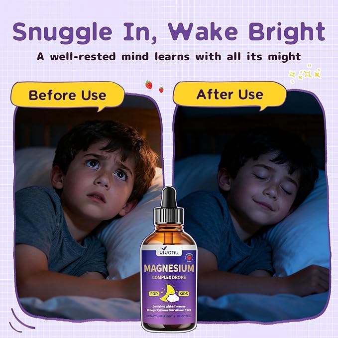 Kids Magnesium Liquid Drops Magnesium Glycinate Liquid for Children's Supplement with Vitamin D3 K2 B12 &amp B6 Omega 3L-theanineLemon Balm-for SleepRelaxationCalmFocus Strawberry Flavor