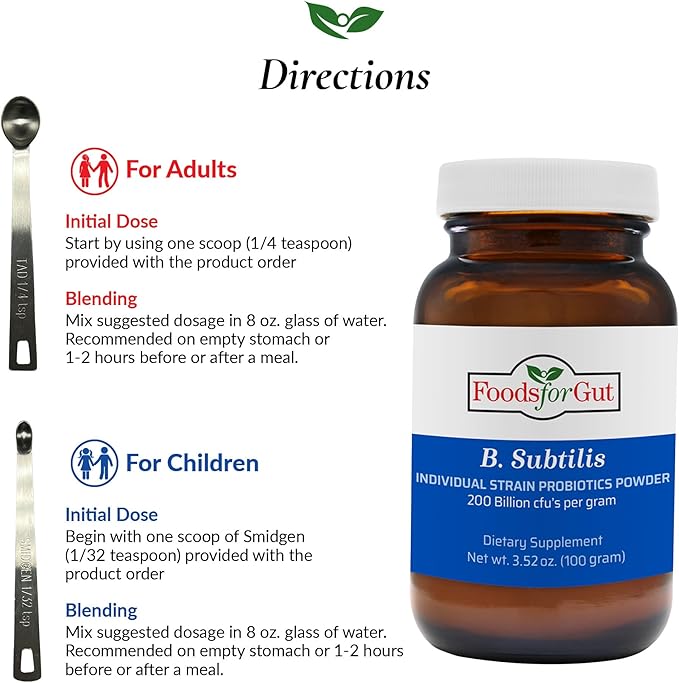 Foods For Gut Bacillus Subtilis Probiotic Powder 200 Billion cfu's | No Additives | Direct from Manufacturer | No Third-Party Storage| Digestive &amp Immune Support | B. Subtilis | 100 Gram (3.52 Oz)