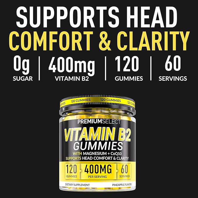 Vitamin B2 Gummies Riboflavin 400mg – 120 Gummies with Magnesium CoQ10 &amp Vitamin B2 for Adults – Sugar Free B2 Vitamin 400mg for Energy Head Comfort &amp Nervous System Support