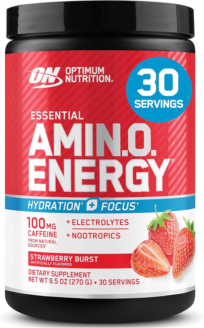 Optimum Nutrition Amino Energy Powder Plus Focus with BCAA Electrolytes and Caffeine Juicy Strawberry 30 Servings (Packaging May Vary)
