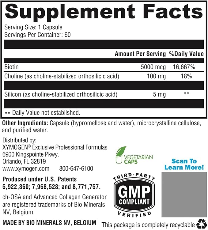 XYMOGEN RegeneMax Plus - Advanced Collagen Supplements with Biotin &amp Clinically Tested ch-OSA - Supports Skin Hair Nails &amp Bone Health - Collagen for Women &amp Men (60 Capsules)