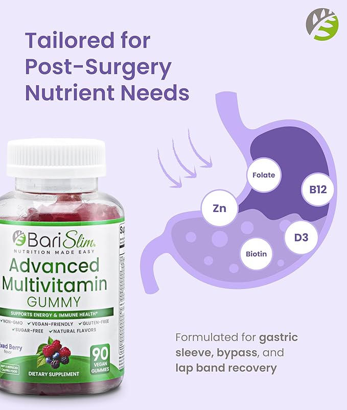 BariSlim Advanced Bariatric Multivitamin Gummies - Specially Formulated Bariatric Vitamins for Patients After Weight Loss Surgery - Supports Energy &amp Immune Health | Mixed Berry (90 Vegan Gummies)