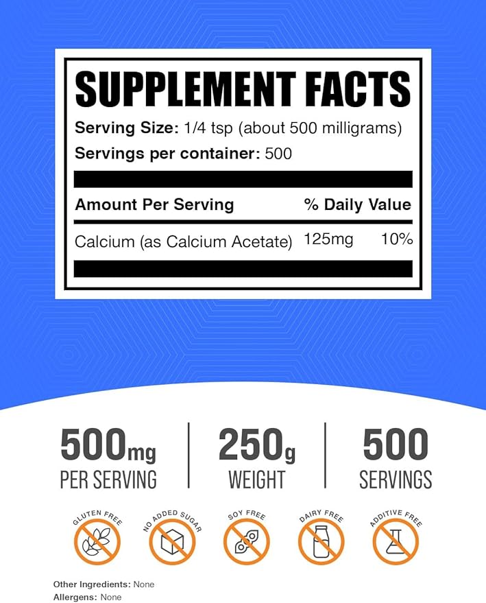 BulkSupplements.com Calcium Acetate Powder - Calcium Supplement Food Grade - Pure &amp Gluten Free 500mg per Serving 250g (8.8 oz) (Pack of 1)