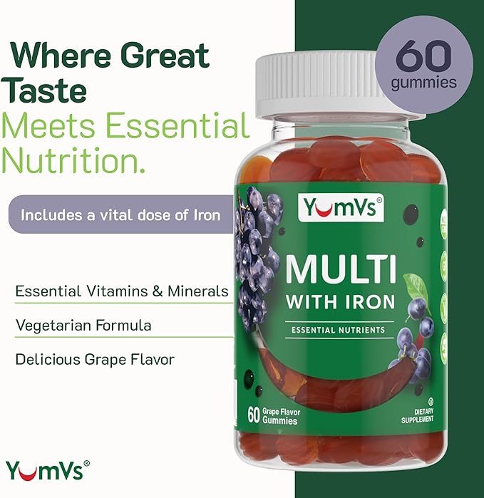 YUM-V'S Iron Gummies - Multivitamin Iron Supplement with Vitamin C A B &amp Zinc Supports Blood Oxygen Vegan Supplements for Women Men &amp Kids for Growth and Development - Grape Flavor | 2-Pa