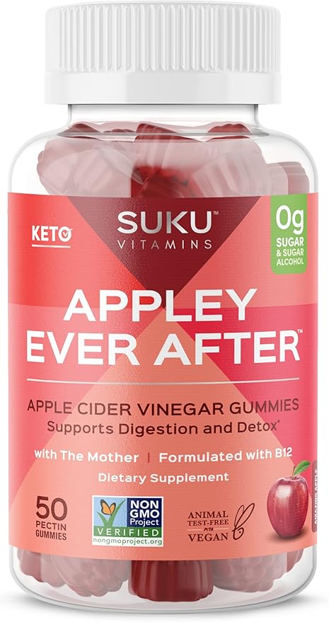 SUKU Appley Ever After Gummies – Apple Cider Vinegar with Methylated B12 &amp Folate – Sugar-Free Gluten-Free Vegan Detox &amp Energy Support – Amazing Apple Flavor – 50 Count