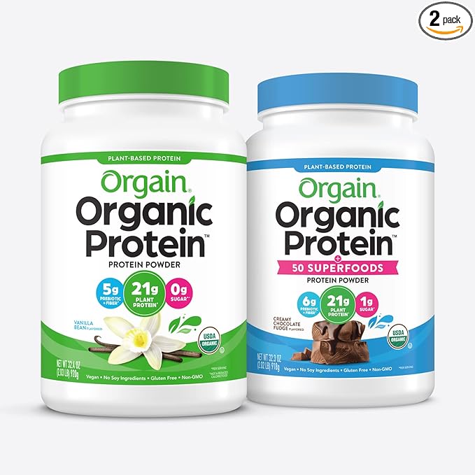 Orgain Organic Protein + Superfoods Powder Creamy Chocolate Fudge (2.02 Lb) and Orgain Organic Vegan Protein Powder Vanilla Bean (2.03 Lb)