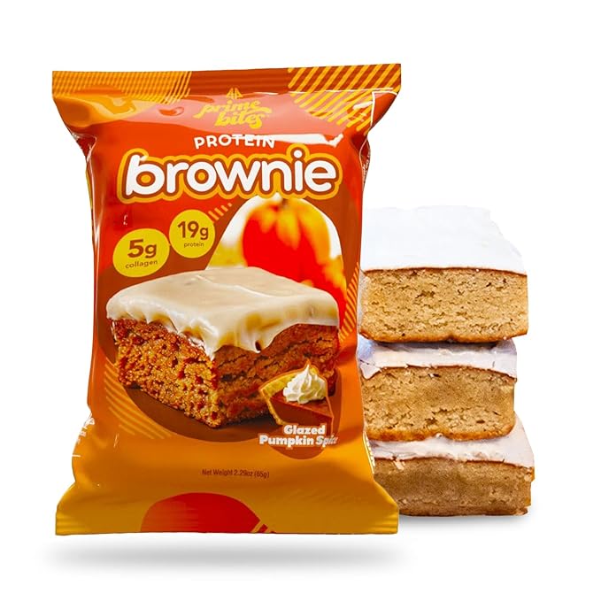 Prime Bites High Protein Brownie (12 Per Box Glazed Pumpkin Spice) - 19g of Protein 5g of Collagen Gluten Free Low Sugar Treat Delicious Protein Snack