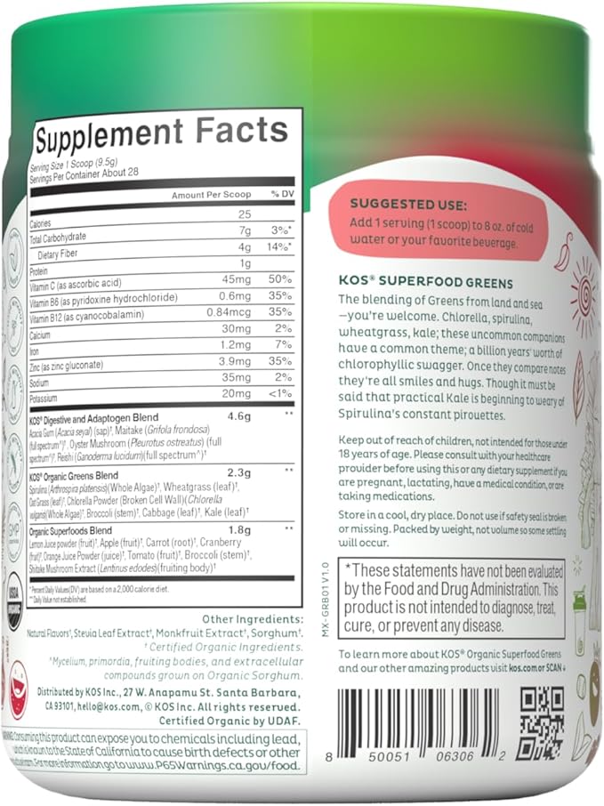 KOS Organic Superfood Greens Powder - Gut Health from Prebiotic Fiber Supergreens and Adaptogens - USDA Certified Organic Made in a GMP Certified Facility - 28 Servings Berry