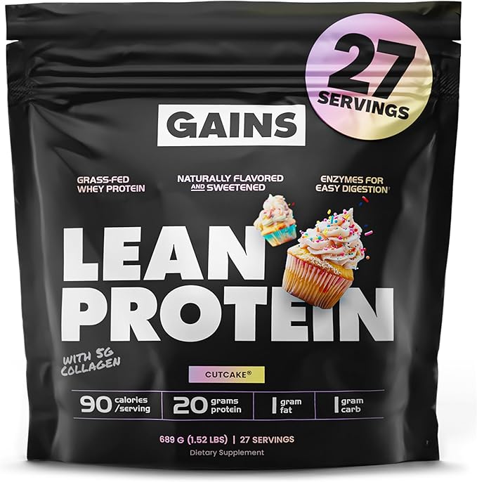 Gains in Bulk Lean Protein Powder with Collagen Peptides Gluten Free Grass Fed Whey 20G Protein &amp 5G Collagen Plant Enzymes to Support Digestion Natural Ingredients Cutcake Flavor 27 Serving