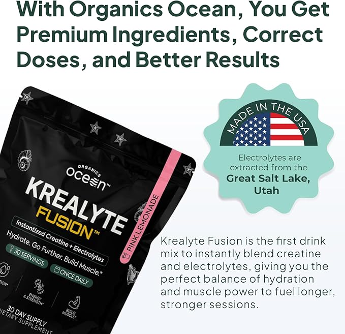Organics Ocean Krealyte Fusion - Instantized Creatine Monohydrate Powder with Electrolytes - Muscle Strength Endurance &amp Hydration Support - Vegan Sugar-Free Pink Lemonade Flavor - 60 Servings