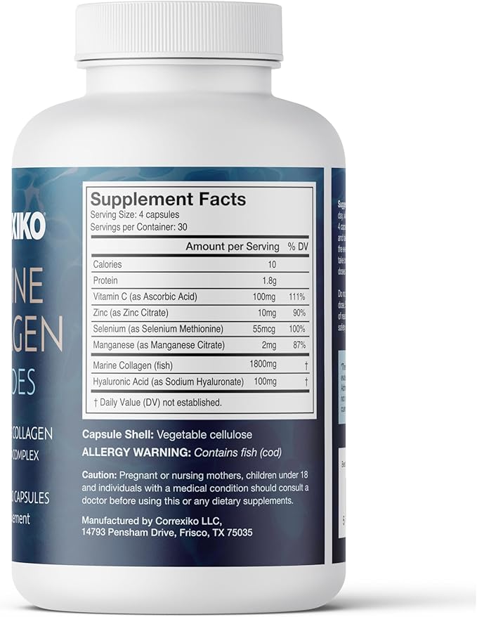 CORREXIKO Marine Collagen Supplement Pills - 1800mg Hydrolyzed Collagen Peptides per Serving with Added Hyaluronic Acid Vitamin C &amp Minerals - for Hair Skin &amp Nails - 240 Capsules 2 Month Su