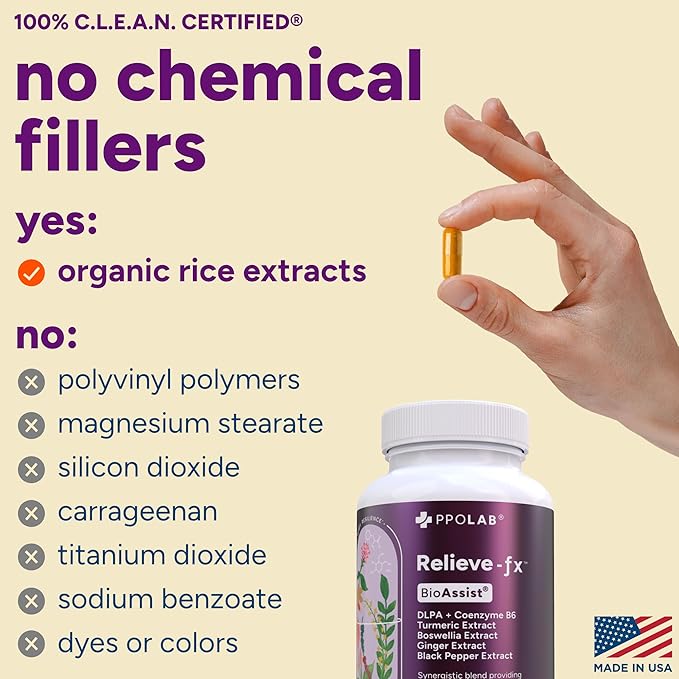 PPO Lab® Relieve-fx™ DLPA Boswellia Turmeric Ginger Supplement for Inflammation Health Heart Gut Cramps Joint Stress Relief Factors as Curcumin Boswellic Acid Black Pepper Extract 180 Capsules