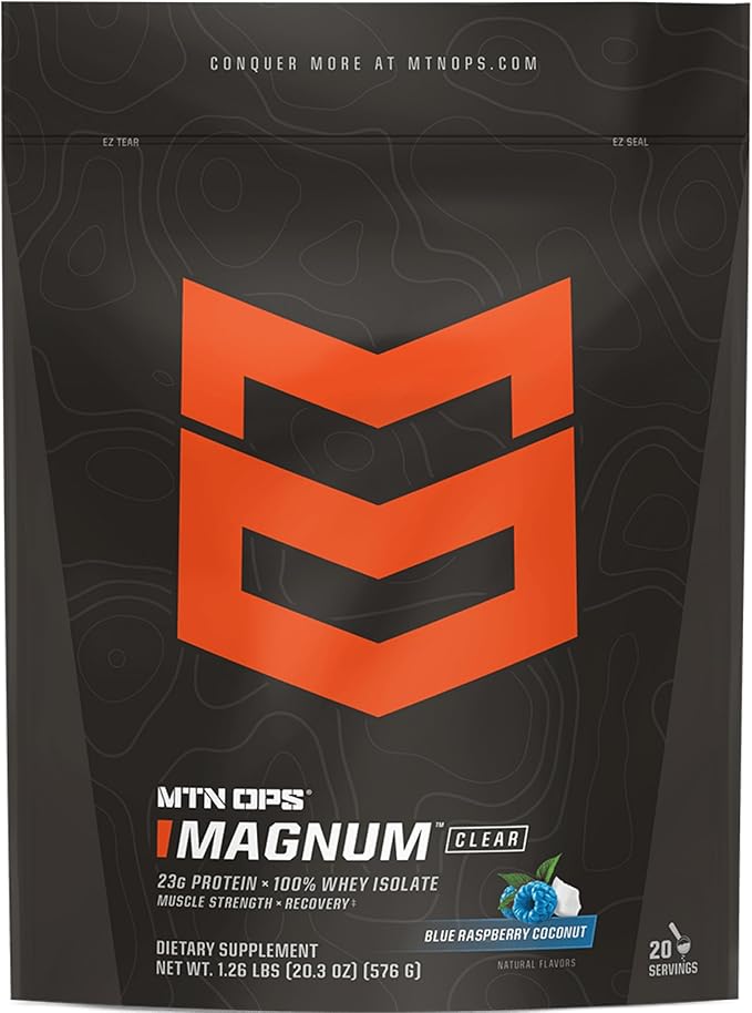 MTN OPS Magnum Clear Protein Powder – 23g 100% Whey Protein Isolate per Serving Low Carb (&lt1g) Quick-Digesting Gluten-Free Low Lactose Refreshing Blue Raspberry Coconut 20 Servings