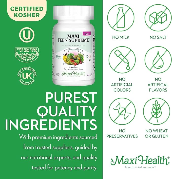 Maxi Health Teen Vitamins for Girls 12-17 + Women’s Daily Multivitamin Bundle with D3 Iron Calcium Biotin Digestive Enzymes &amp Essential Vitamins – Energy Immune Mood &amp Gut Health Support
