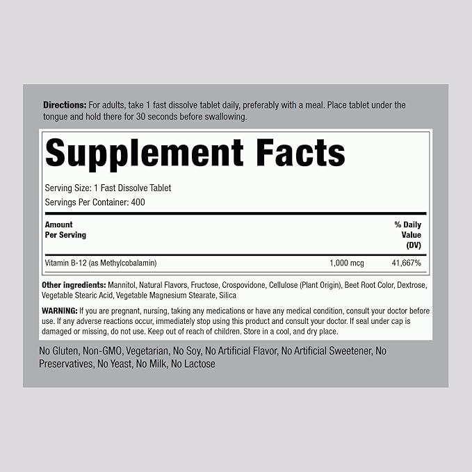 Piping Rock Vitamin B12 Sublingual Tablets | 1000 mcg | 400 Pills | Methylcobalamin Supplement for Women and Men | Berry Flavor | Vegetarian Non-GMO Gluten Free