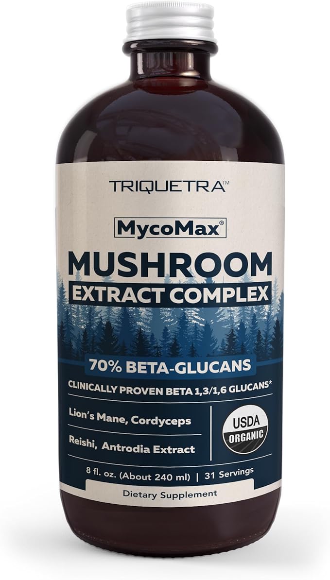 MycoMax Mushroom Complex - 70% Beta Glucans Max Potency Mushroom Supplement US Grown + Ultrasonic Extraction - Lions Mane Cordyceps Reishi &amp More - Promotes Cognition Immunity Energy - 8 oz.