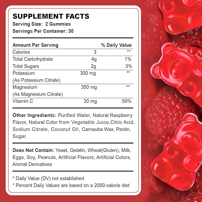 2 Pack Potassium Magnesium Gummies for Adult Kids High Absorption Leg Cramps &amp Muscle &amp Heart Health Immune Health Raspberry Magnesium Gummies Chewable Gummy Supplement Vegan Non-GMO