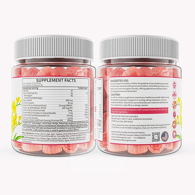 Inositol Gummies with Evening Primrose Oil for Women - 40:1 Ratio Myo-Inositol 2000mg &amp D-Chiro Inositol 50mg with Vit D3 B6 B12 &amp Zinc Sugar-Free for Female Natural Balance &amp Wellness V