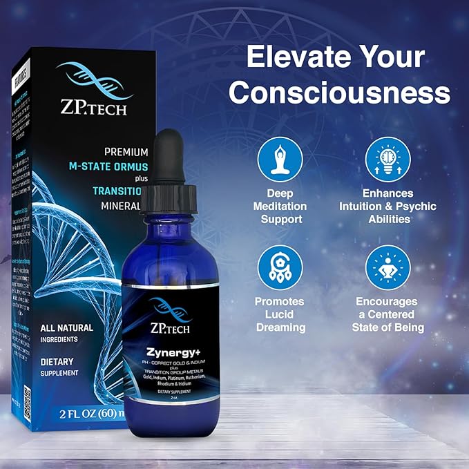 Zynergy Plus Colloidal Gold Liquid | All Natural Pure Monoatomic 24k Food Grade Mineral Au &amp Indium | Ormus Gold Oil Supports Pineal Gland Anti-Aging Meditation Yoga Third Eye