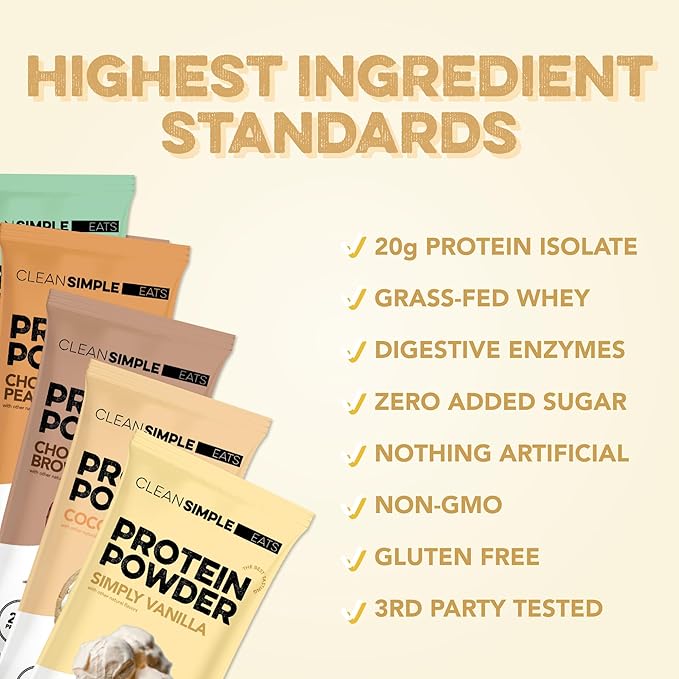 Clean Simple Eats Whey Protein Powder Variety Pack Naturally Sweetened Flavors 100% Grass Fed Protein Powder with Digestive Enzymes &amp No Artificial Ingredients Gluten Free 10 Single Serve Pac