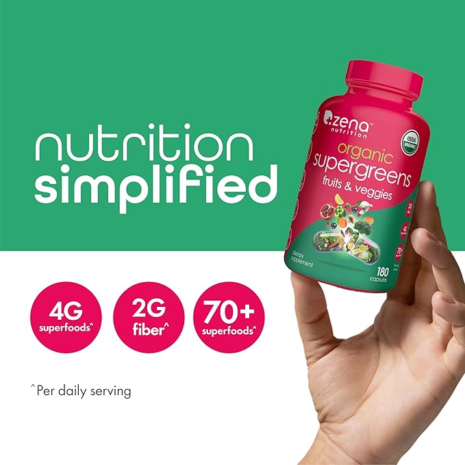 Zena Nutrition Organic Super Greens Fruit &amp Veggies Supplement 70+ Superfoods from Fruit &amp Vegetables Spirulina Chlorella Prebiotics &amp Probiotics Digestive Enzymes for Gut Health 180