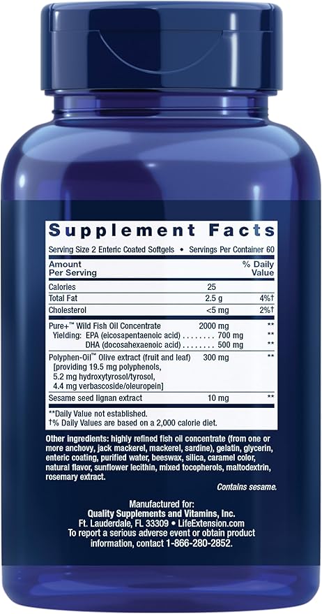 Life Extension Super Omega-3 EPA/DHA Fish Oil Sesame Lignans &amp Olive Extract – Heart Health Brain Health Inflammation Health Support Gluten-Free Enteric-Coated Non-GMO 120 Softgels