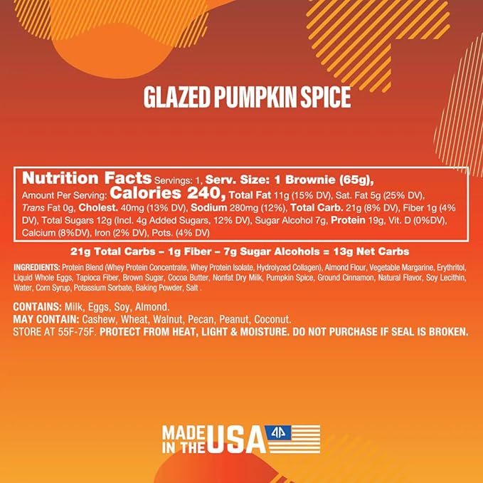Prime Bites High Protein Brownie (12 Per Box Glazed Pumpkin Spice) - 19g of Protein 5g of Collagen Gluten Free Low Sugar Treat Delicious Protein Snack
