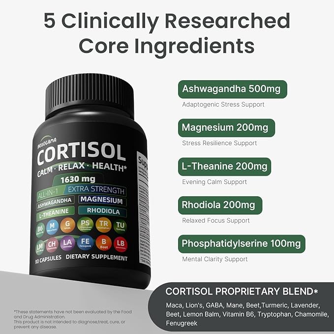 Cortisol Supplements for Women and Men High Cortisol Reducer with Ashwagandha Magnesium Rhodiola &amp L-Theanine-Supports Cortisol Calm Sleep &amp Stress Relief–90 Capsules