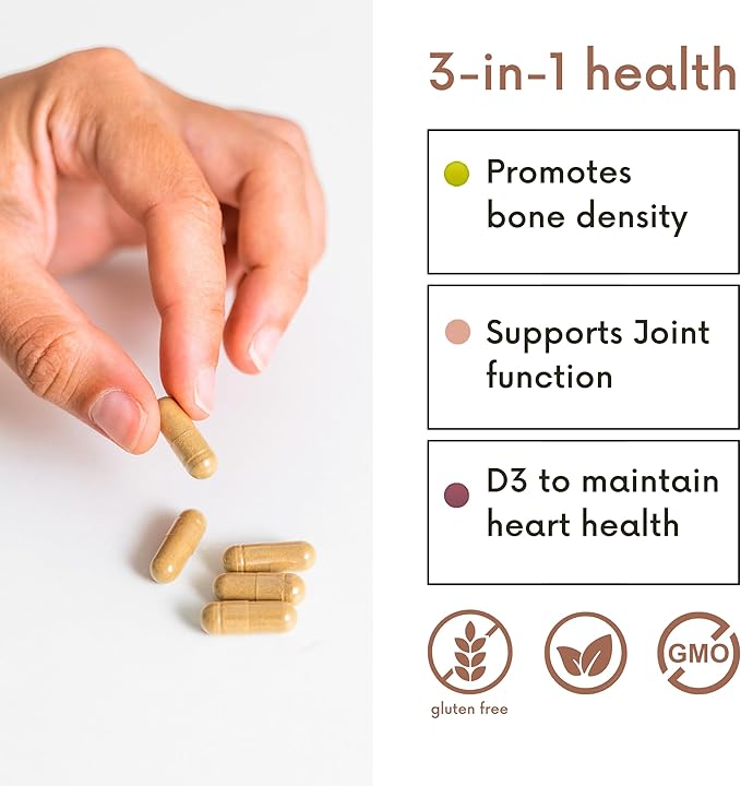 Bone Density - Bone Strength Organic Calcium with Magnesium Vitamin D3 clinically Proven Ingredients for Bone Health Gluten Free Easy to Swallow - 60 Count