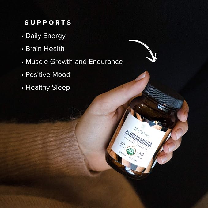 Truvani Organic Ashwagandha | Daily Energy Positive Mood Support Supports Brain Health | Supports Muscle Growth and Endurance | Healthy Sleep Support | Non-GMO | 30 Day Supply