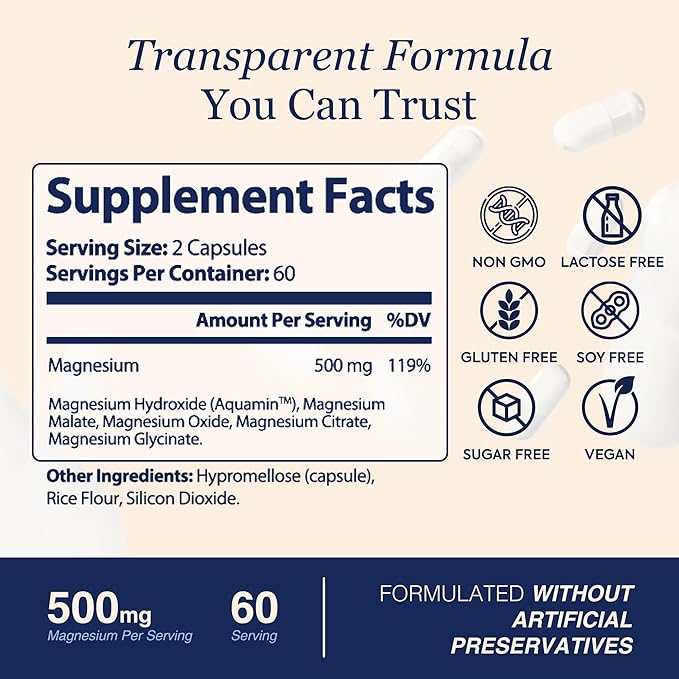 Spectrum 5 Magnesium Complex for Women &amp Men – 5 Magnesium Complex Supplement with Glycinate Malate Citrate &amp Hydroxide for Sleep Muscle Recovery &amp Calm – 500mg Vegan – 120 Capsules