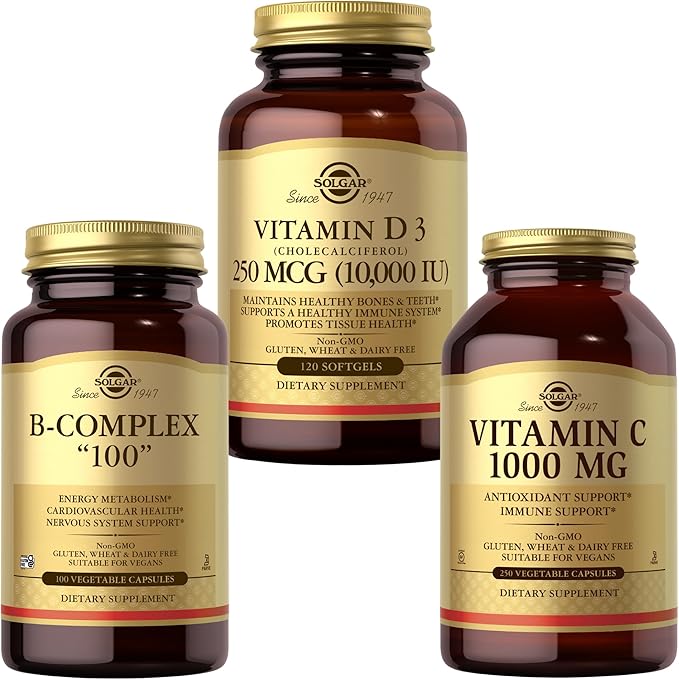 SOLGAR Vitamin B D &amp C Bundle: B-Complex 100 100 Capsules + D3 (Cholecalciferol) 250 MCG (10000 IU) 120 Softgels + C 1000 mg 250 Count