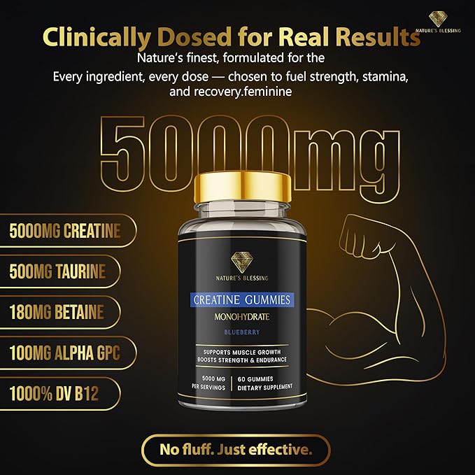 Nature's Blessing Creatine Gummies for Muscle Growth &amp Toning – 5000mg per Serving – Build Lean Muscle Boost Strength &amp Recovery – Vegan No Bloat No Chalky Powders