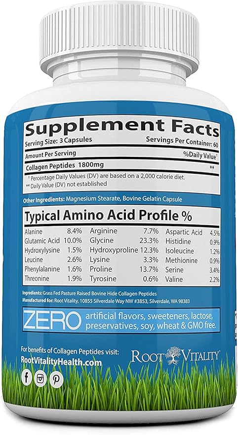 Root Vitality Collagen Peptides Capsules - Grass-Fed Pasture-Raised Hydrolyzed Protein Supplement for Skin Hair &amp Nails - Non-GMO Zero Sugar Daily Pills for Men &amp Women (180 Capsules)