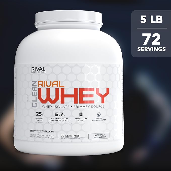 RIVAL NUTRITION Clean Rival Whey – 5LB Unflavored – 100% Whey Protein Powder Whey Isolate Primary Source | 25g Protein Muscle Gain/Recovery | All Natural No Artificial Ingredients - 72 Servings