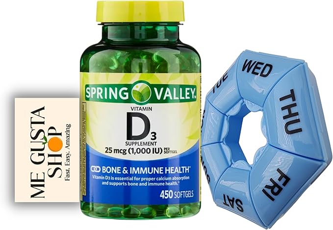 Vitamin D3 25mcg 1000 IU 450 Count Softgels Spring Valley Bundle with Pill Organizer and Me Gustas Sticker Pack of 02