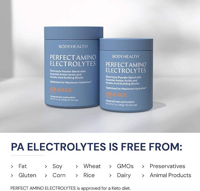 BodyHealth PerfectAmino Electrolytes Powder No Sugar Keto Sugar Free Fasting Electrolytes Drink Mix Hydration Powder with Trace Minerals - Orange - 30 Servings