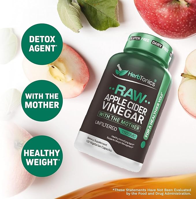 Herbtonics Raw Apple Cider Vinegar Capsules 1500mg with Mother | Weight Management Detox &amp Digestion Formula with GLP-1 Support | Unfiltered ACV for Metabolic Support | 120 Vegan Capsules