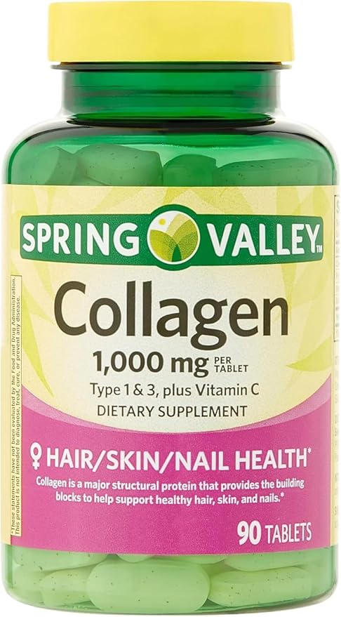 Collagen Type 1 &amp 3 Plus Vitamin C Hair Skin Nails Health Dietary Supplement Tablets 1000 mg 90 Count by Spring Valley (Pack of 1) + VSL Sticker