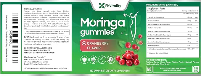 120 Moringa Gummies with Ginger Turmeric Cranberry Amla Fruit &amp Probiotics | Vegan Sugar-Free Gummies