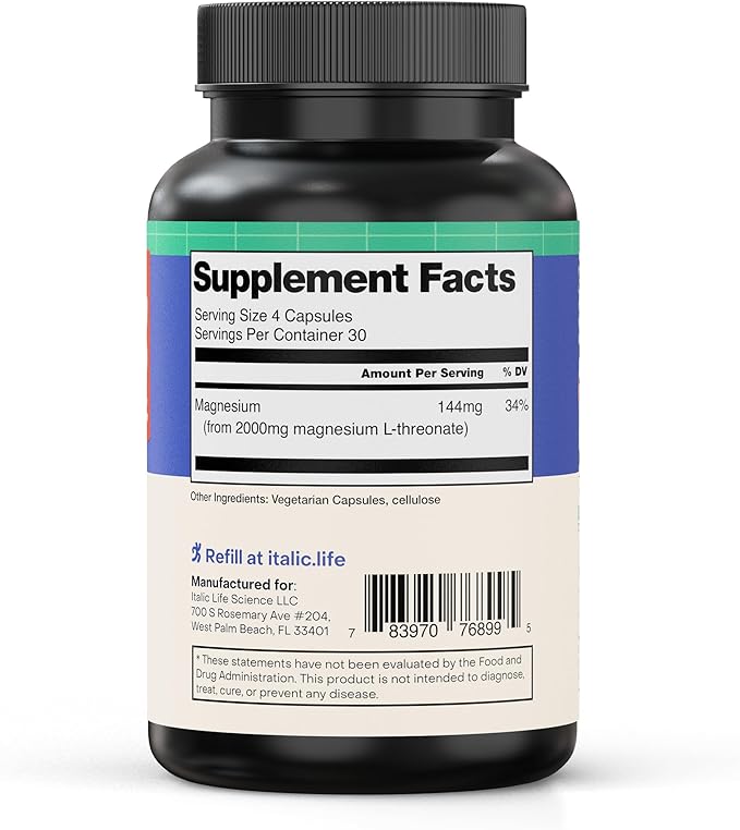 Magnesium L-Threonate 2000mg – Brain Health Supplement for Memory Focus &amp Mental Clarity – Supports Relaxation &amp Sleep – 120 Capsules – Non-GMO Lab Tested Made in USA by Italic Life Science