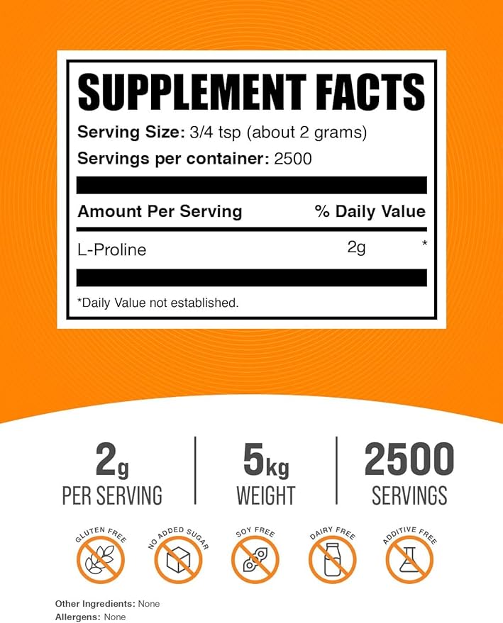 BulkSupplements.com L-Proline Powder - Proline Supplements Amino Acid Powder - Unflavored &amp Gluten Free 2g per Serving 1kg (Pack of 5) (11 lbs)