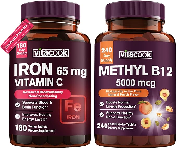 Iron and Vitamin B12 Bundle 5000 mcg B12 Zero Sugar Carbonyl Iron with Vitamin C Gentle on The Stomach
