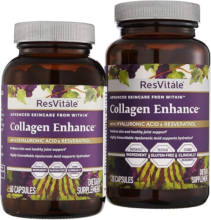 ResVitále Collagen Enhance - Beauty Supplement with Hyaluronic Acid &amp Resveratrol - 60 Capsules