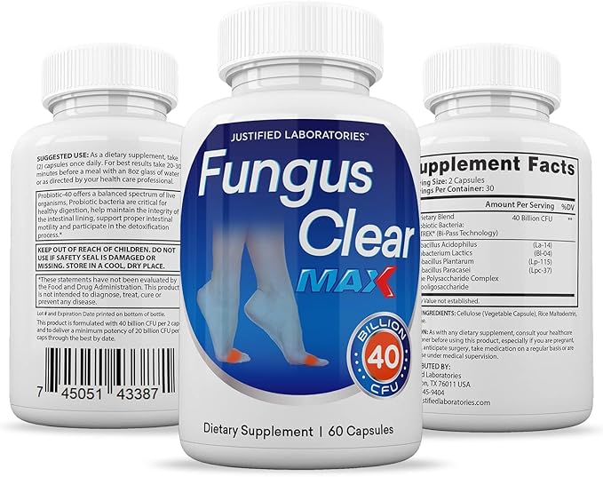 Justified Laboratories Fungus Clear Max Pills 40 Billion CFU Probiotic 60 Capsules
