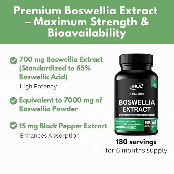 HCL HERBAL CODE LABS Boswellia Serrata Extract Capsules 65% Boswellic Acid 700mg Equal to 7000mg Resin Powder Extra Strength &amp Superior Absorption 6 Month Supply 180 Vegan Capsules Non-GMO